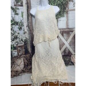 Crochet Knit Two-Piece Set Tank Top Midi Skirt Fringe Trim ivory Boho Resort OS